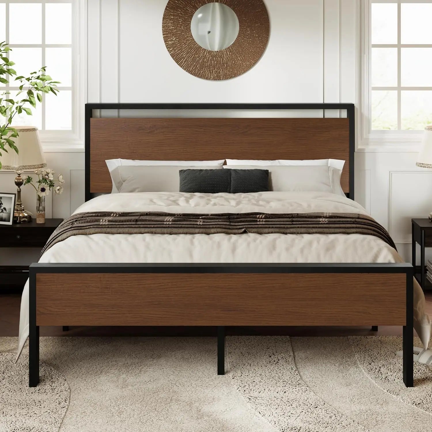 Full size bed frame with wooden headboard and footboard 12 metal slats support no box spring needed easy asse - walnut