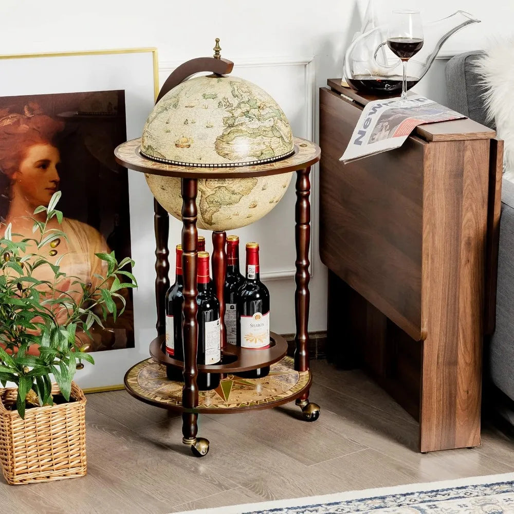 Italian replica 17th century globe wine bar stand with wooden cabinet and rolling wheels for liquor bottles - united