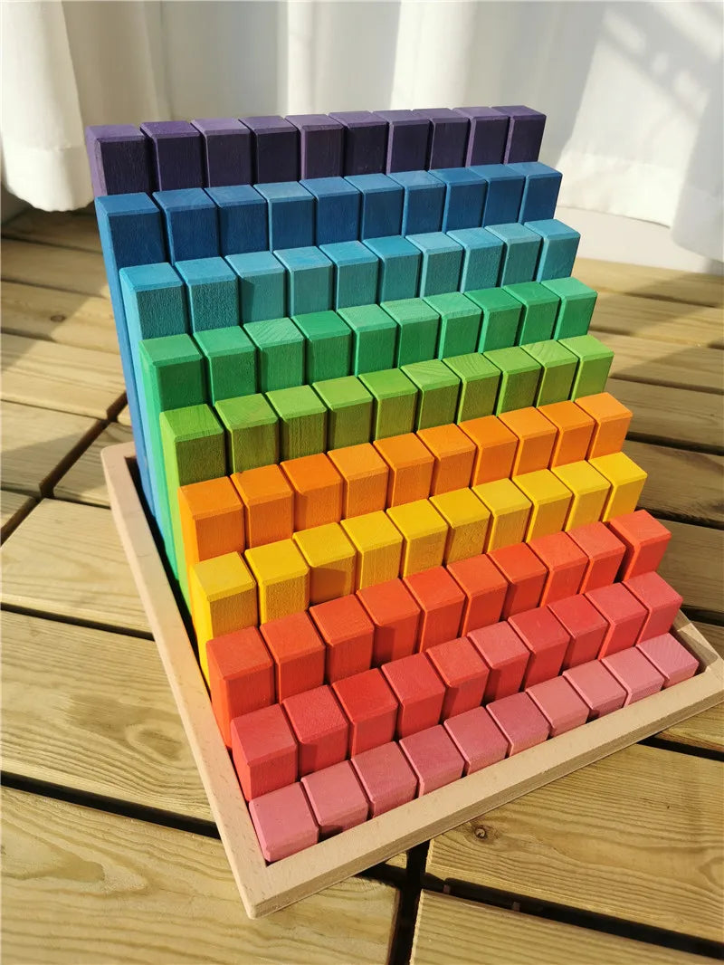 Large wooden building blocks set rainbow stacking counting timber square construction tube toys for kids educational