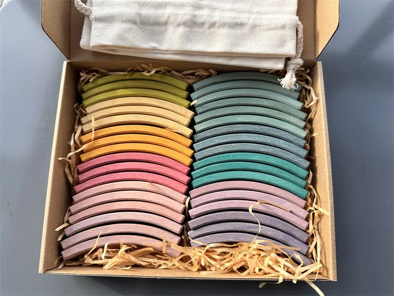 New beech wood arch stacking blocks rainbow bending wooden building timber toys set for kids creative play - pastel