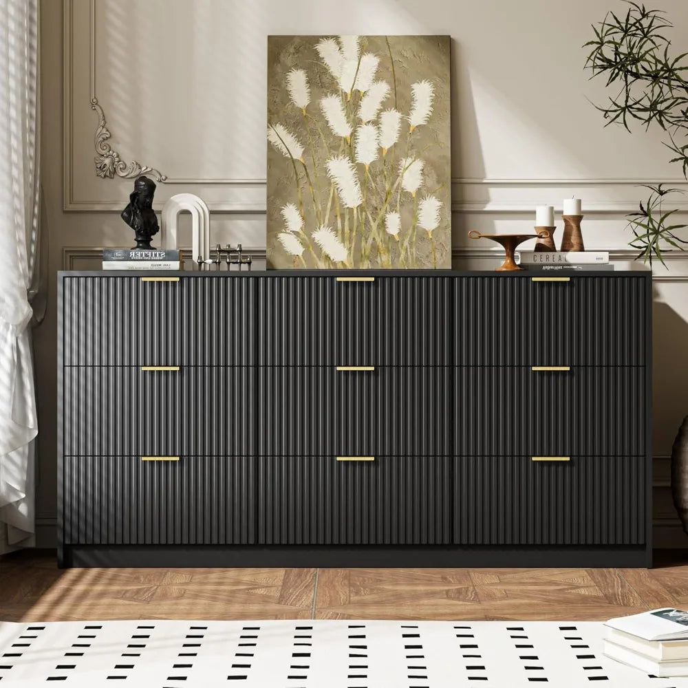 Black dresser for bedroom 9 drawer double modern chest of drawers living room entryway and closet 63’’ l