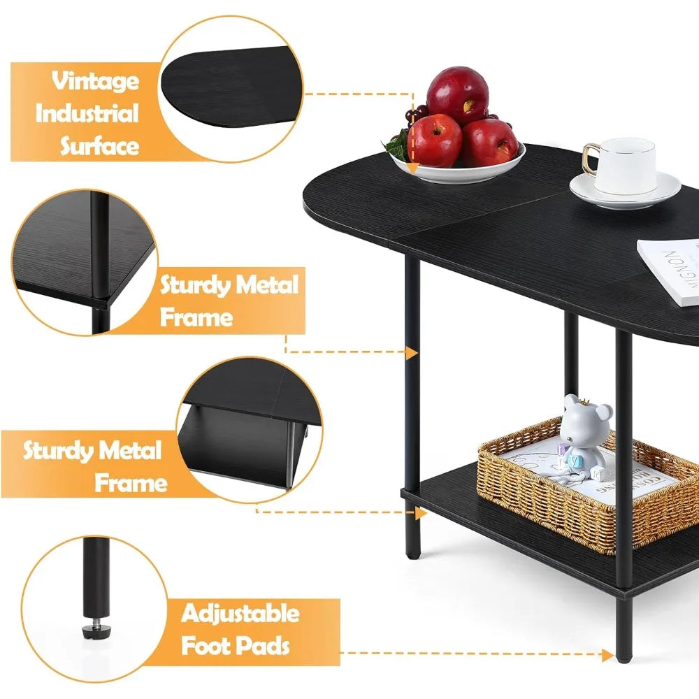 Coffee tables for living room,2-tier small table industrial modern black with storage shelf and wood tableto - united