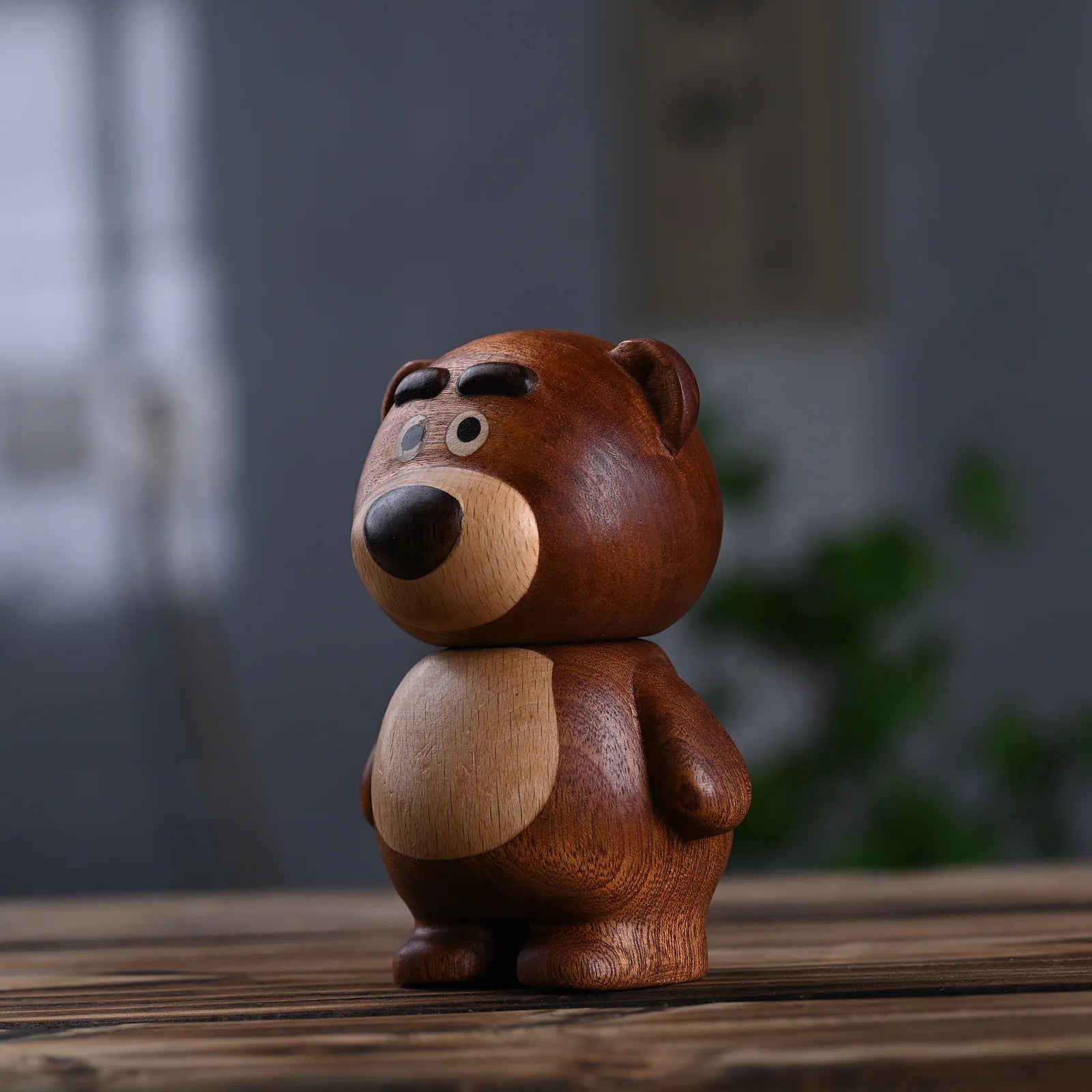 Miniature solid wood carving cute little bear statuette toothpick jar 4.13’’ wooden crafts table decoration