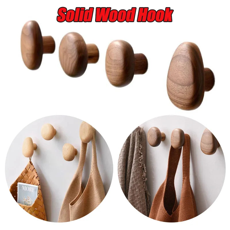 Simple solid wood hook wall mounted coat natural decorative key holder hat scarf handbag storage hanger bathroom rack