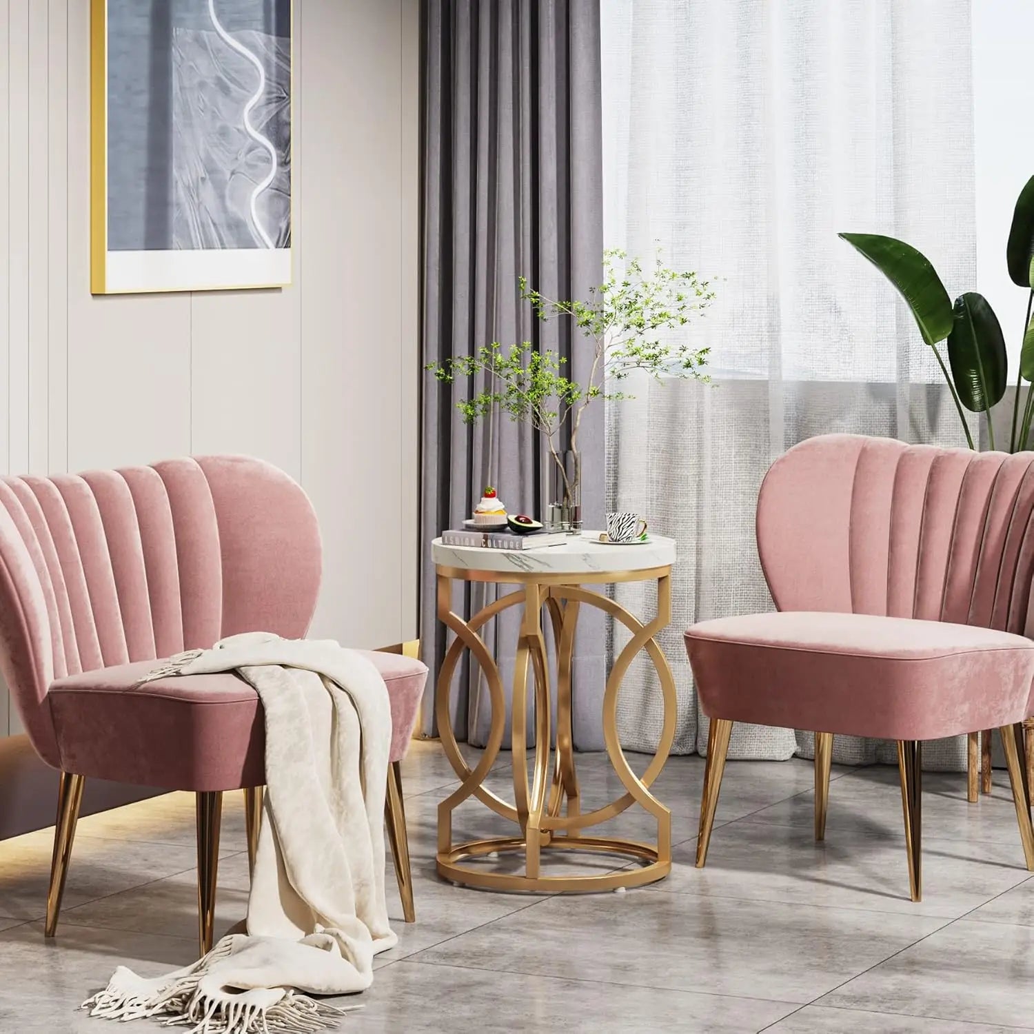 Round end table - multifunctional accent side modern white gold nightstand with faux marble tabletop bedside