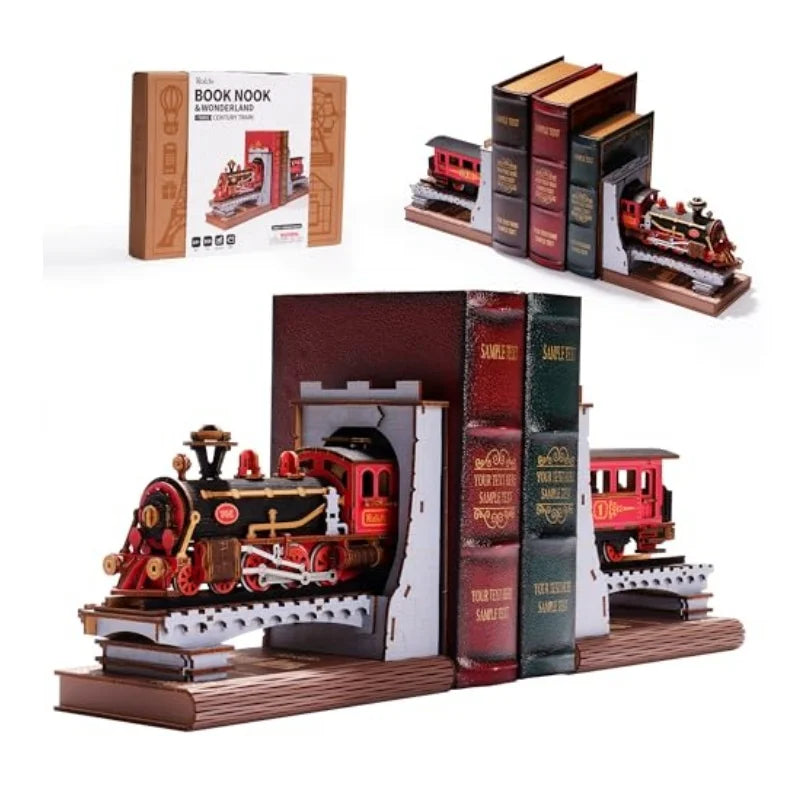 Robotime rolife wooden vintage train kit 3d puzzles diy book nook kit decorative bookends 6.5’’ for adults gifts boys