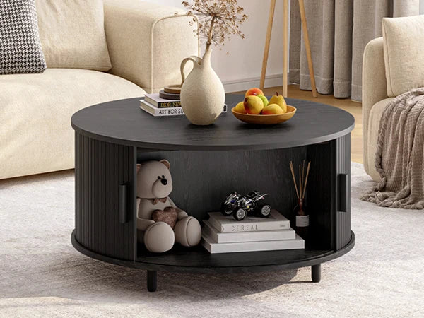 Round coffee table with storage,31.5’’ modern 360° curved sliding door,fluted wood accent tablee - black / united states
