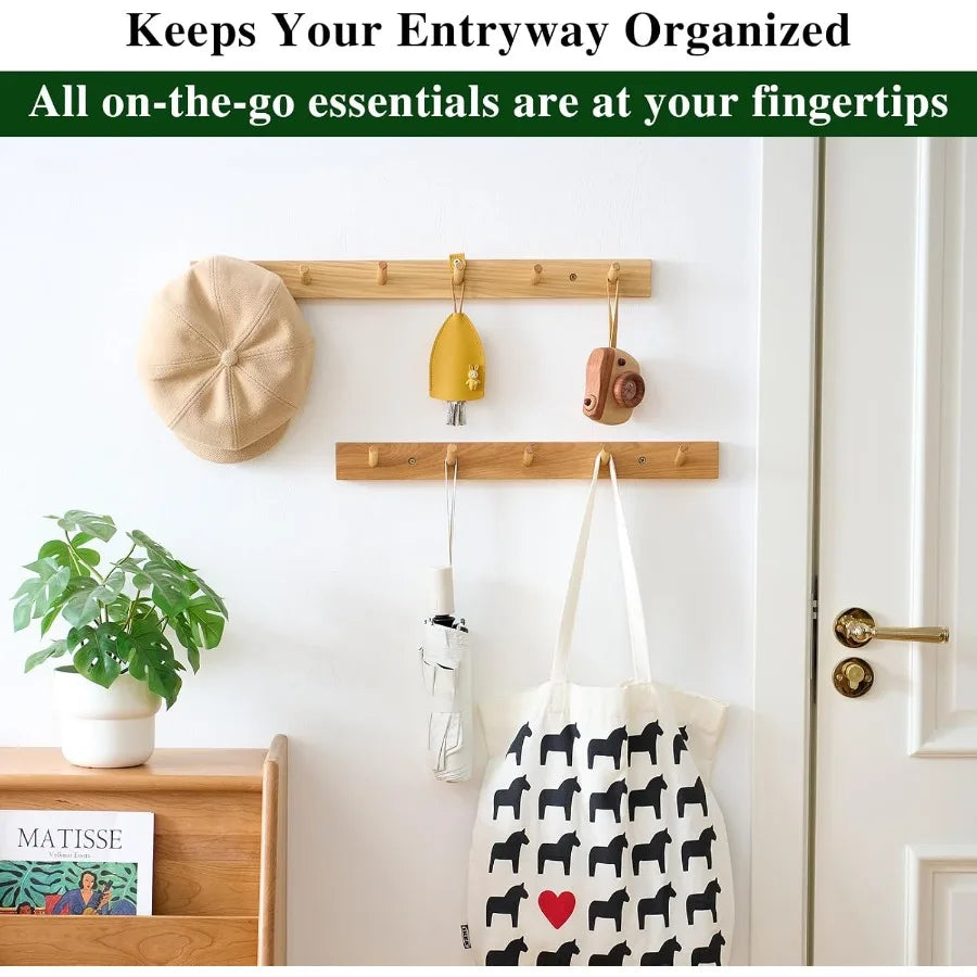 Hickory wood coat rack wall mount 12 ihes wooden hooks with 3 hanger for hanging hat jacket purse fo - united states