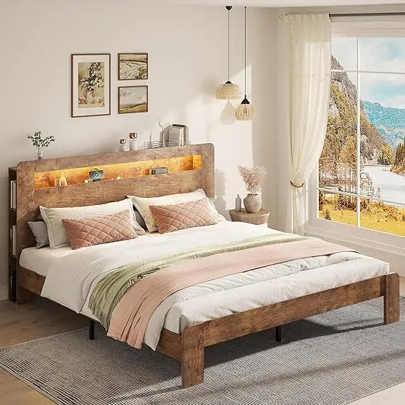King size farmhouse style platform bed frame with storage headboard bookcase shelf and led lights - rustic brown