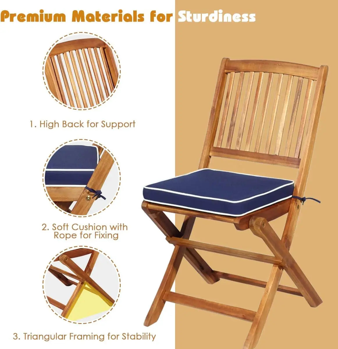 3pcs patio bistro set wood folding table 2 cushioned chairs for garden yard outdoor furniture round - chair