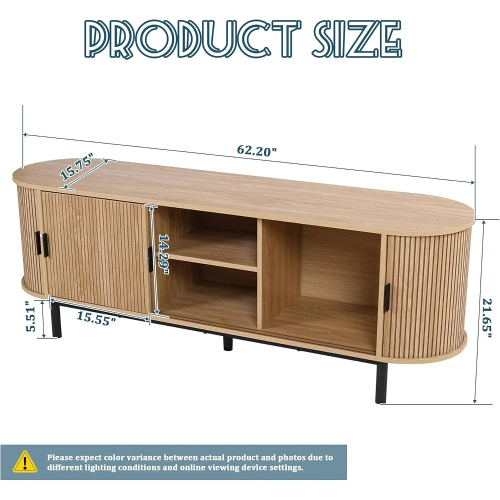 62’’ tambour door tv stand,wood mid century modern cabinet for up to 75“ tv,curved edge long stand with storage bedroom