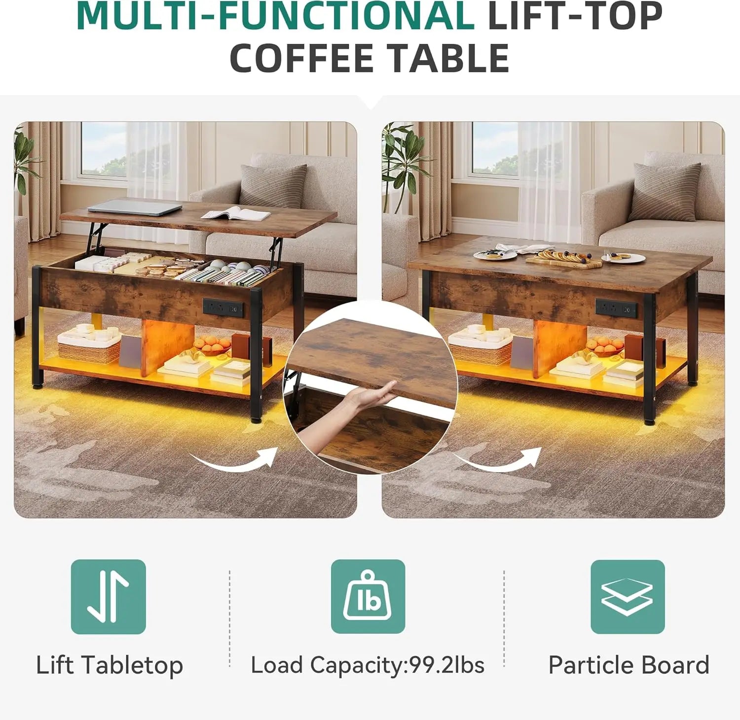Lift top coffee table with rgb light 3-in-1 power outlets hidden & open storage adjustable height wooden - brown
