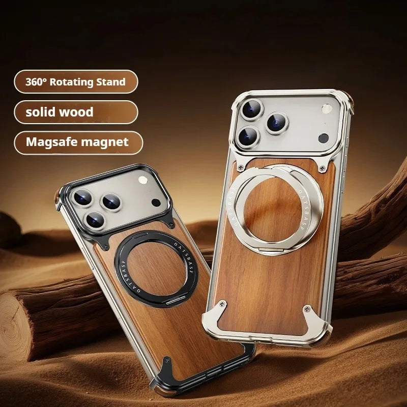 Eary magnetic wooden case for iphone 17 pro max air magsafe wireless chargers 360°rotating stand aluminum solid wood