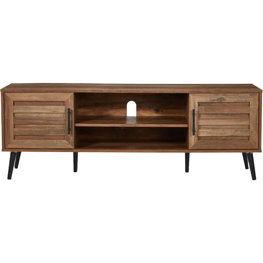 Mid century modern wooden tv stand entertainment center console with open shelving and 2 cabinets for televisions