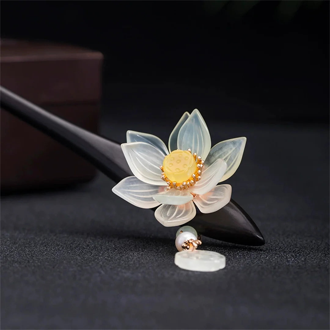 S925 pure silver women’s men hairpin retro ebony wood jade lotus flower blossom chinese style hanfu hair accessories