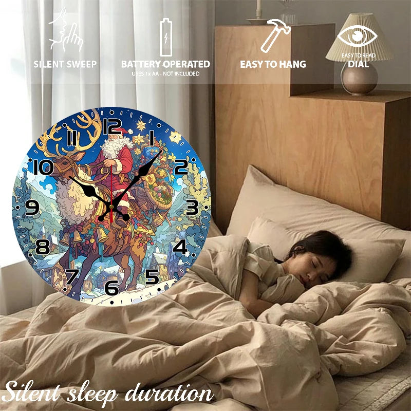 Santa reindeer wooden round silent hanging wall clock suitable for living room office study bedroom home decoration