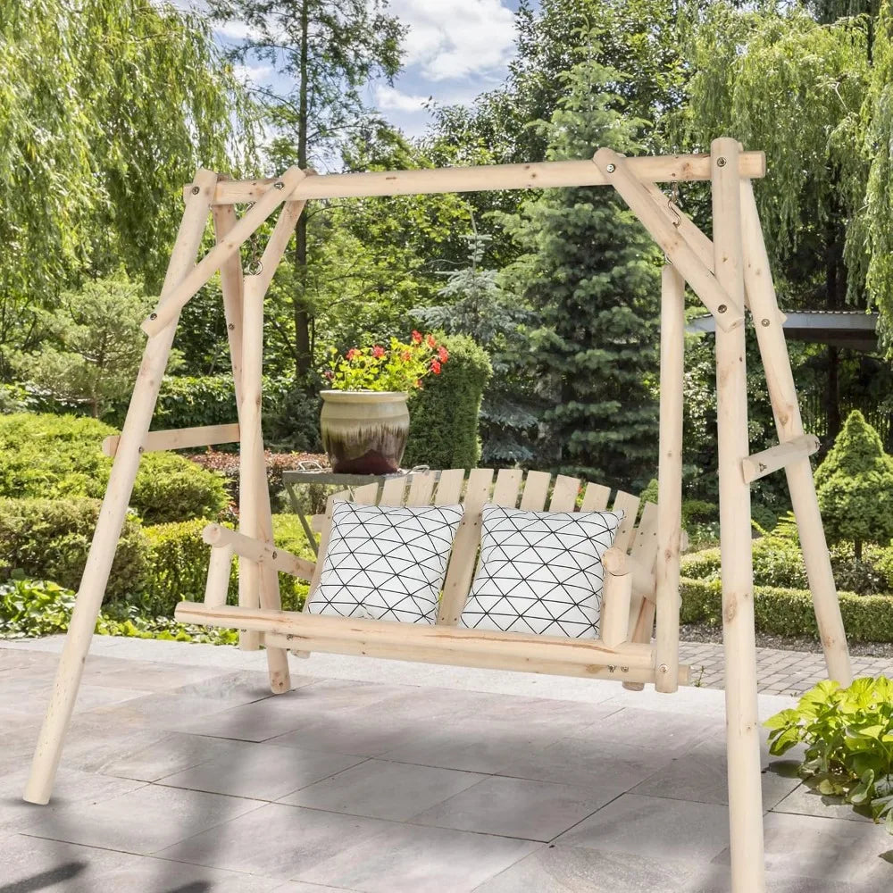 Heavy-duty 880lbs wooden porch swing with a-frame stand outdoor hanging bench chair for yards and gardens - united