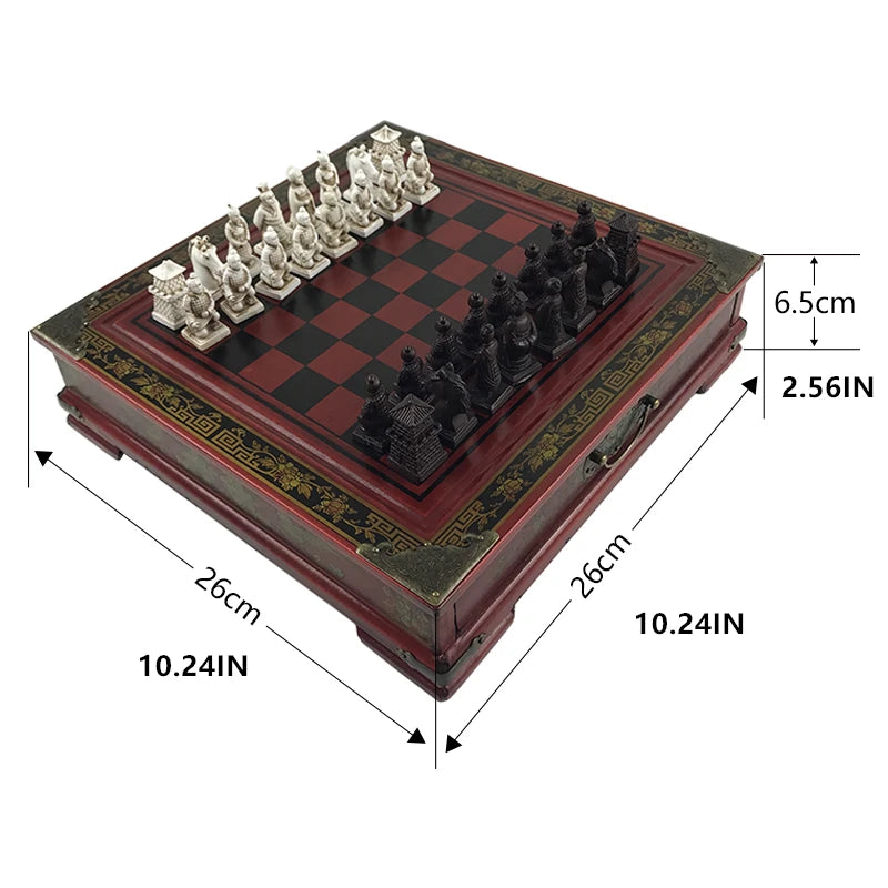 Antique three-dimensional chess terracotta army pieces high-grade vintage wooden table 26*26cm/10.24*10.24in - 1 set