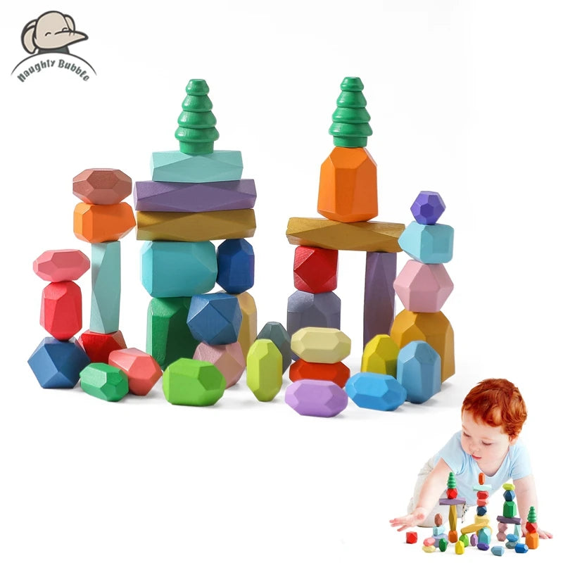 Wooden sorting stacking rocks stones sensory toddler toys learning montessori building blocks game for kids birthday