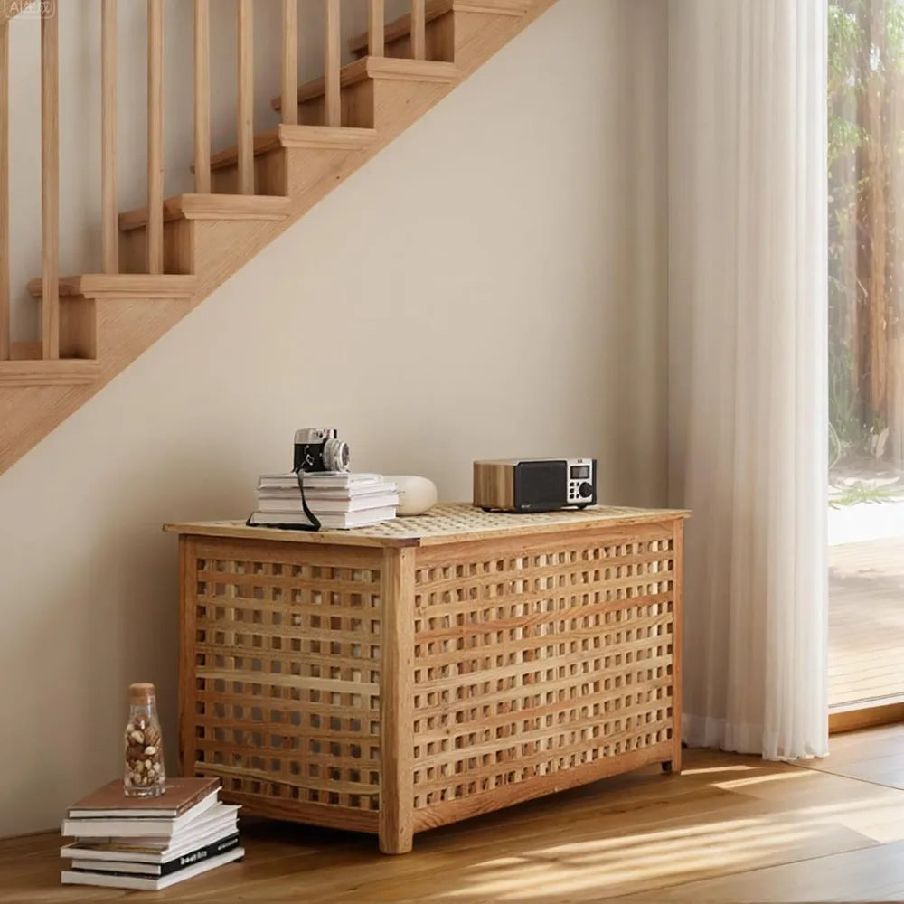 Natural wood entryway bench with storage suitable for coffee table in living room bedroom and bathroom (38.5x19.6x1