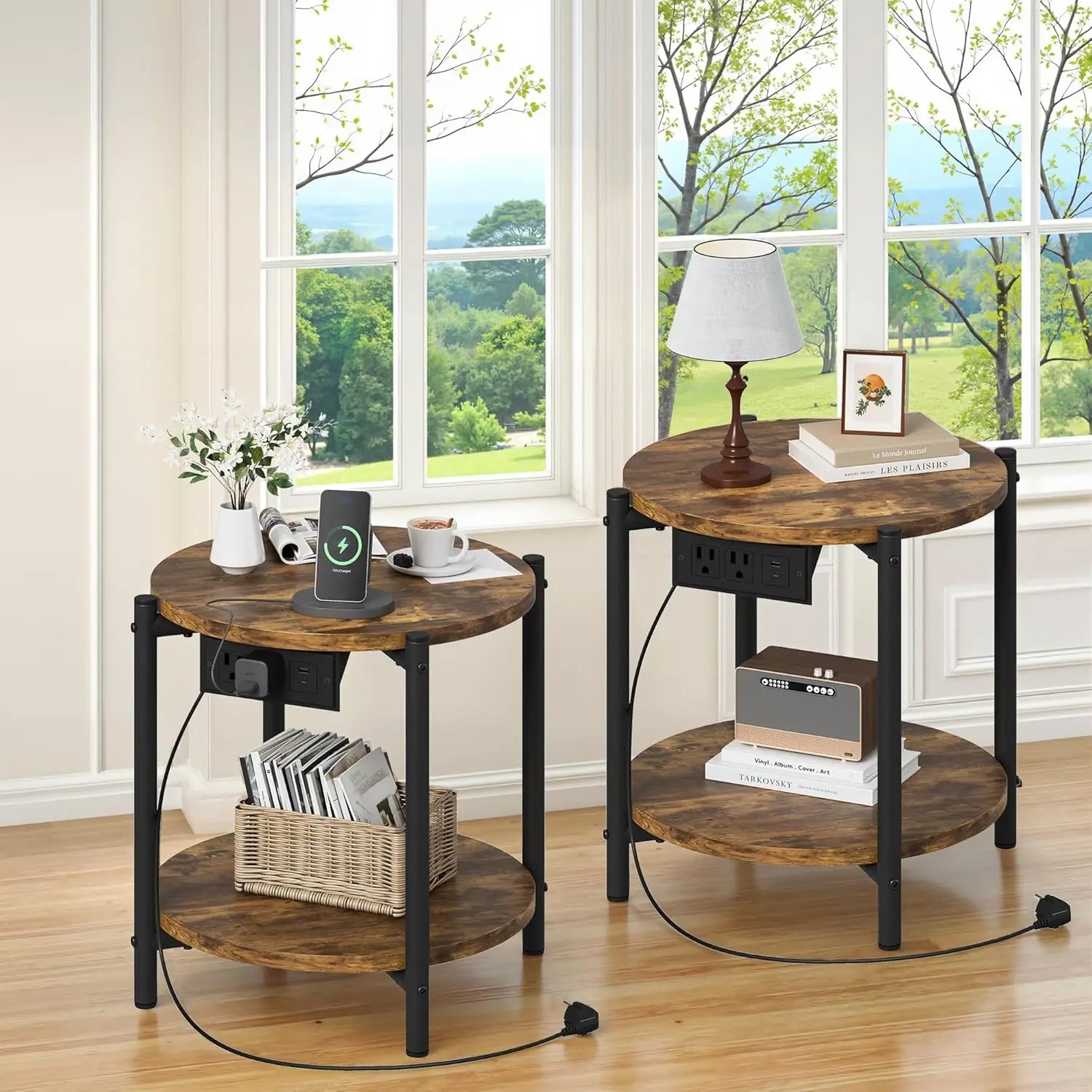 Likimio side table set of 2,15.8’’ w modern wooden nightstand for small spaces round & with charging station,bedroom