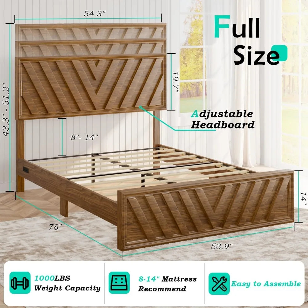 Full bed with adjustable headboard farmhouse platform wood led light and charging station diagonal line & rustic brow