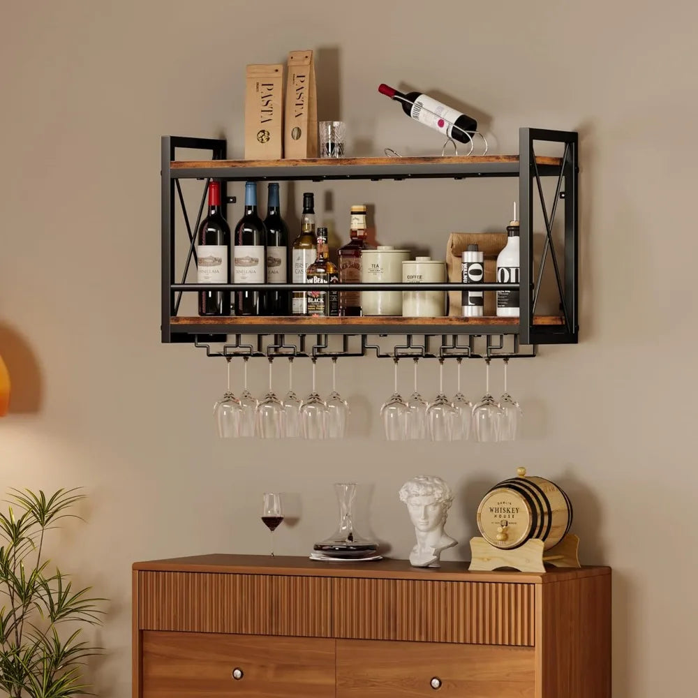 Rustic wall-mounted wine rack with bottle and glass storage for kitchen display - united states / brownblack