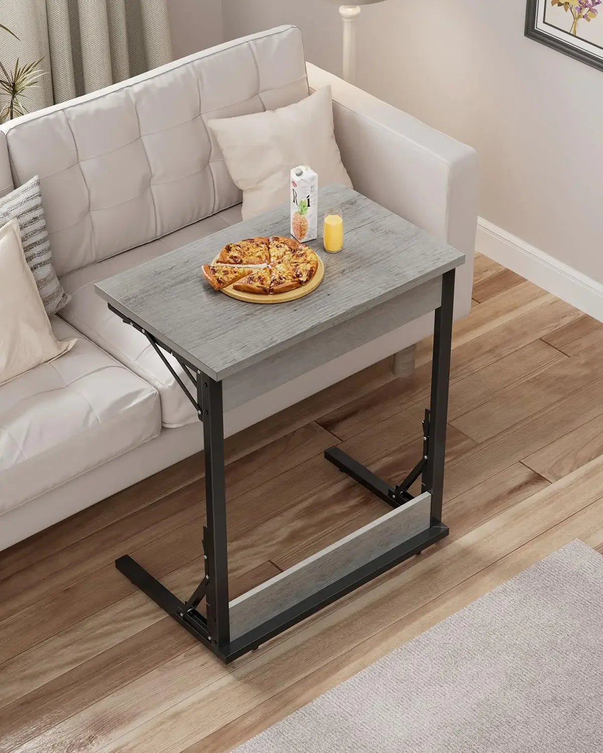 24’’ wide folding c-shaped end table small side desk for couch sofa tv tray with metal frame living room bedroom