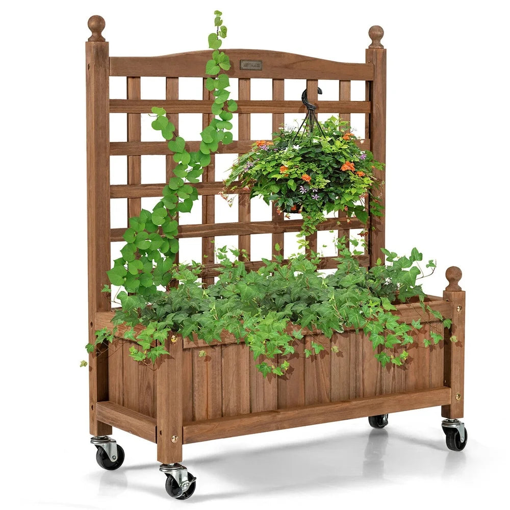 32in wooden planter box with trellis mobile raised bed climbing plants indoor outdoor garden use drainage hole