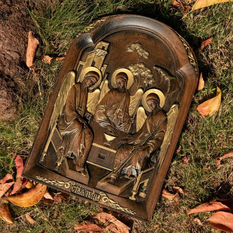 Religious home catholic holy trinity wood carving family wall decor - (christian)