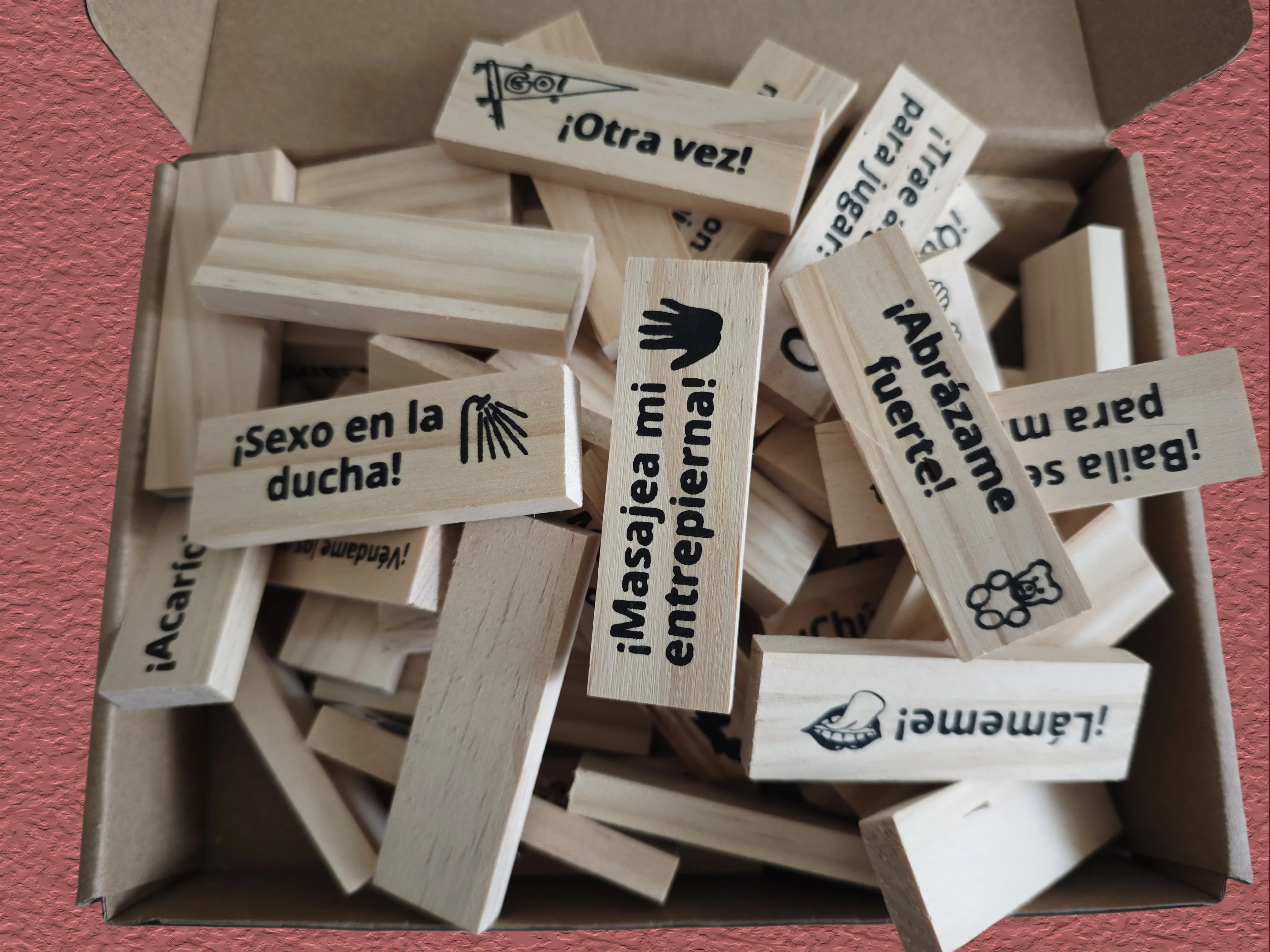 Seven language versions 48pcs building block game couple wooden tower date night adult party spanish sm product