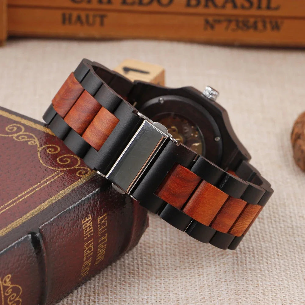 Red and black contrasting wooden men’s mechanical watch fashionable classic steampunk hollow clock the best holiday