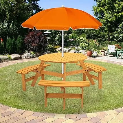 10-person solid wood picnic table outdoor round and bench set with umbrella hole outside wooden chairs s - united