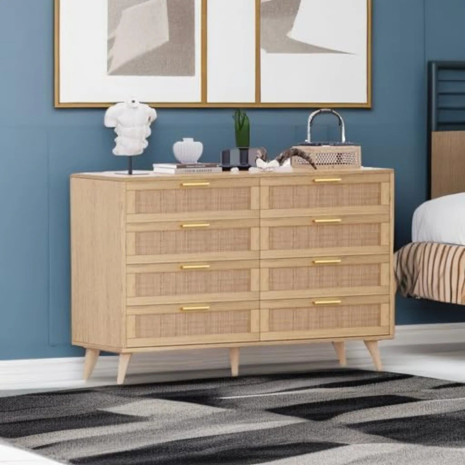 8 drawer double dresser for bedroom rattan chest of dressers modern wooden with golden handles, - drawers natural