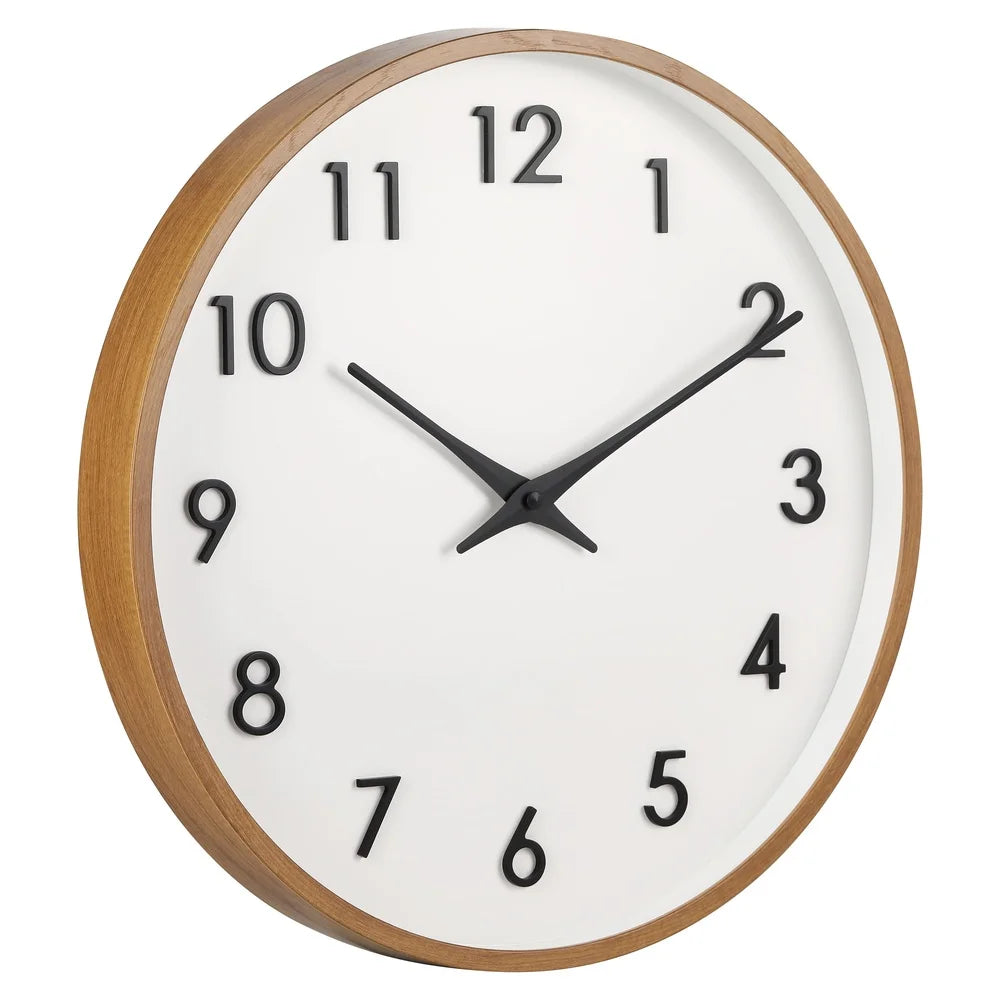 20 inch modern quartz wall clock with raised numerals easy installation warm wood grain finish durable design home