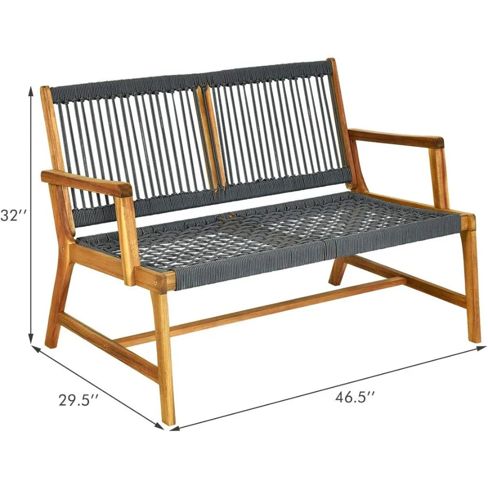 Acacia wood 2-person patio bench with teak oil finish outdoor rope loveseat for balcony deck poolside and porch - grey