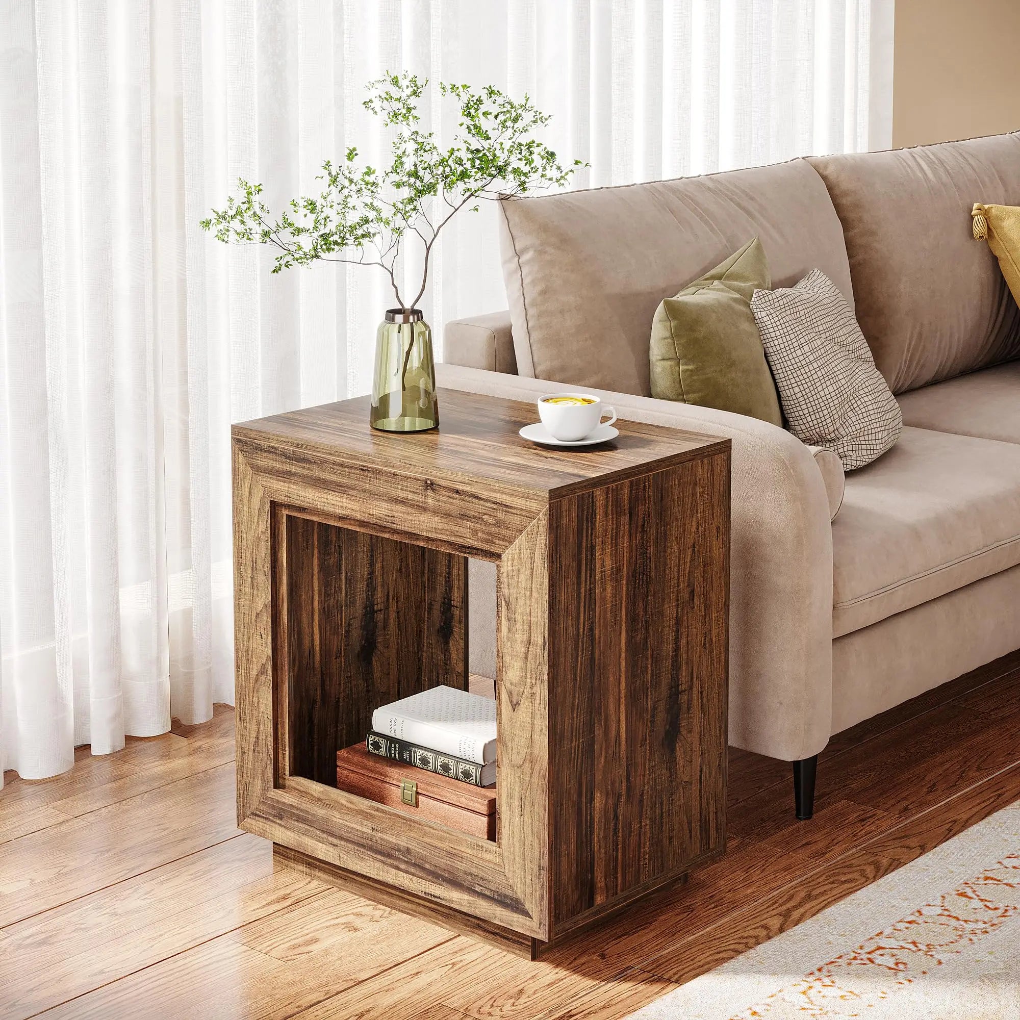 Tribesigns rustic wood end table 2 tiered square side with storage shelf industrial sofa for living room ent