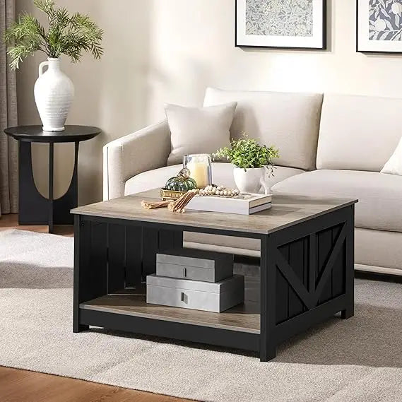 Square wooden coffee table with storage for living room 31.5 inches dining center - united states / gray and black