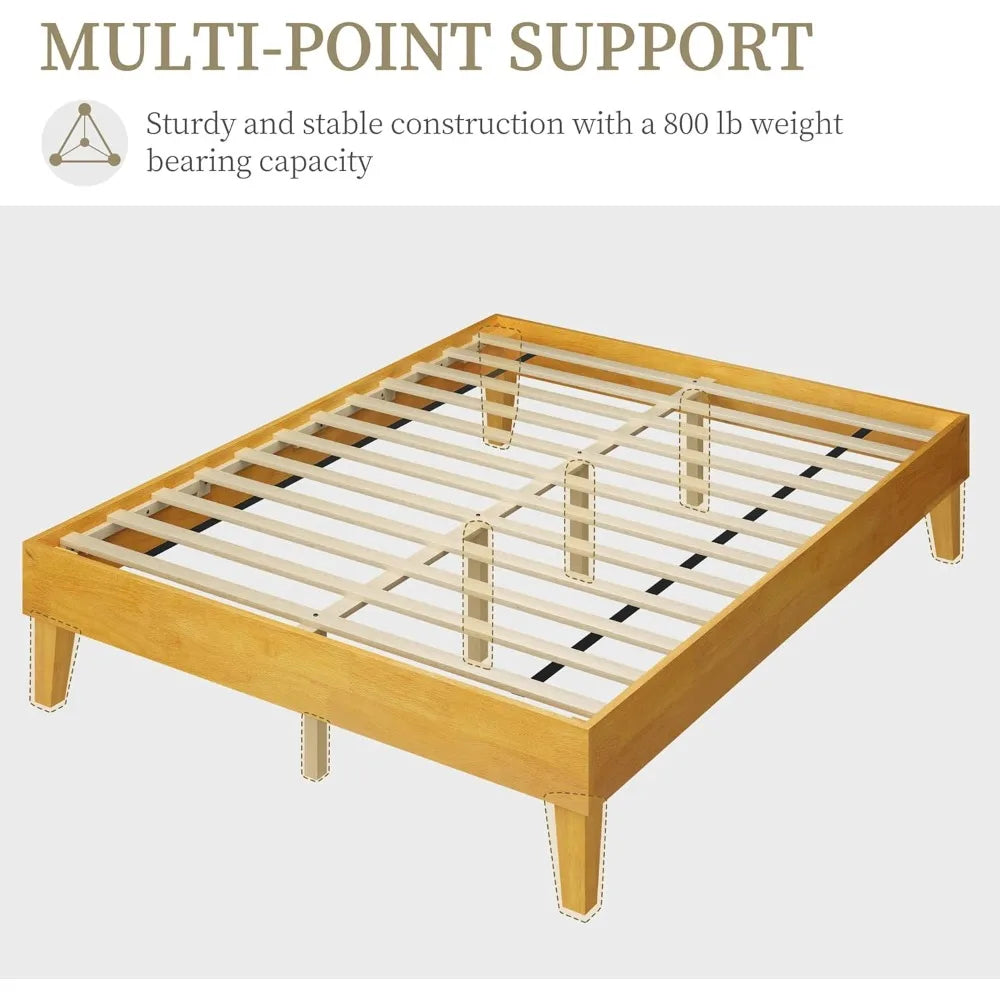 Bed frame natural solid wood platform with wooden slats support 12-inch underbed space for storage noise-free design