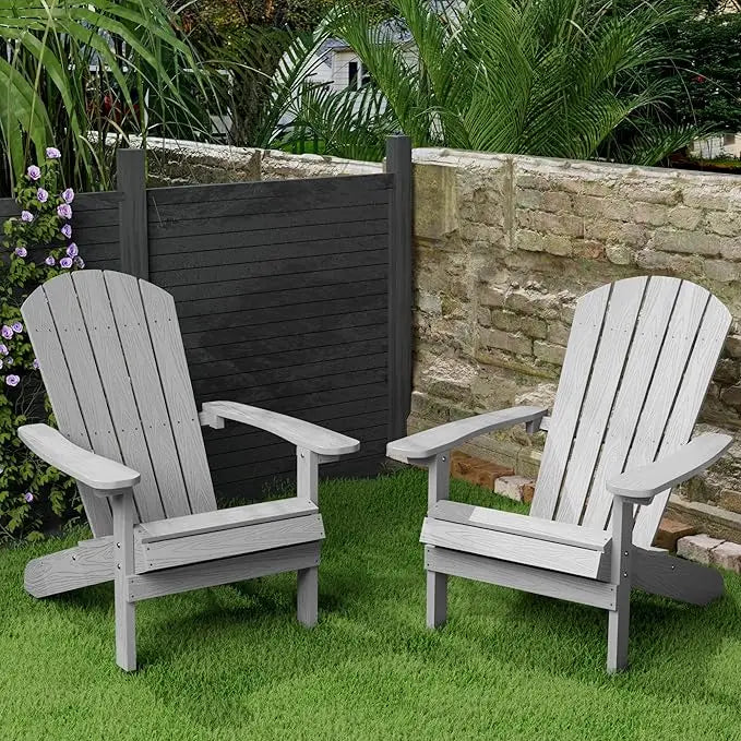 Adirondack chairs set of 2: plastic - patio with wood texture - outdoor chair hips - lawn fire pit - grey / united