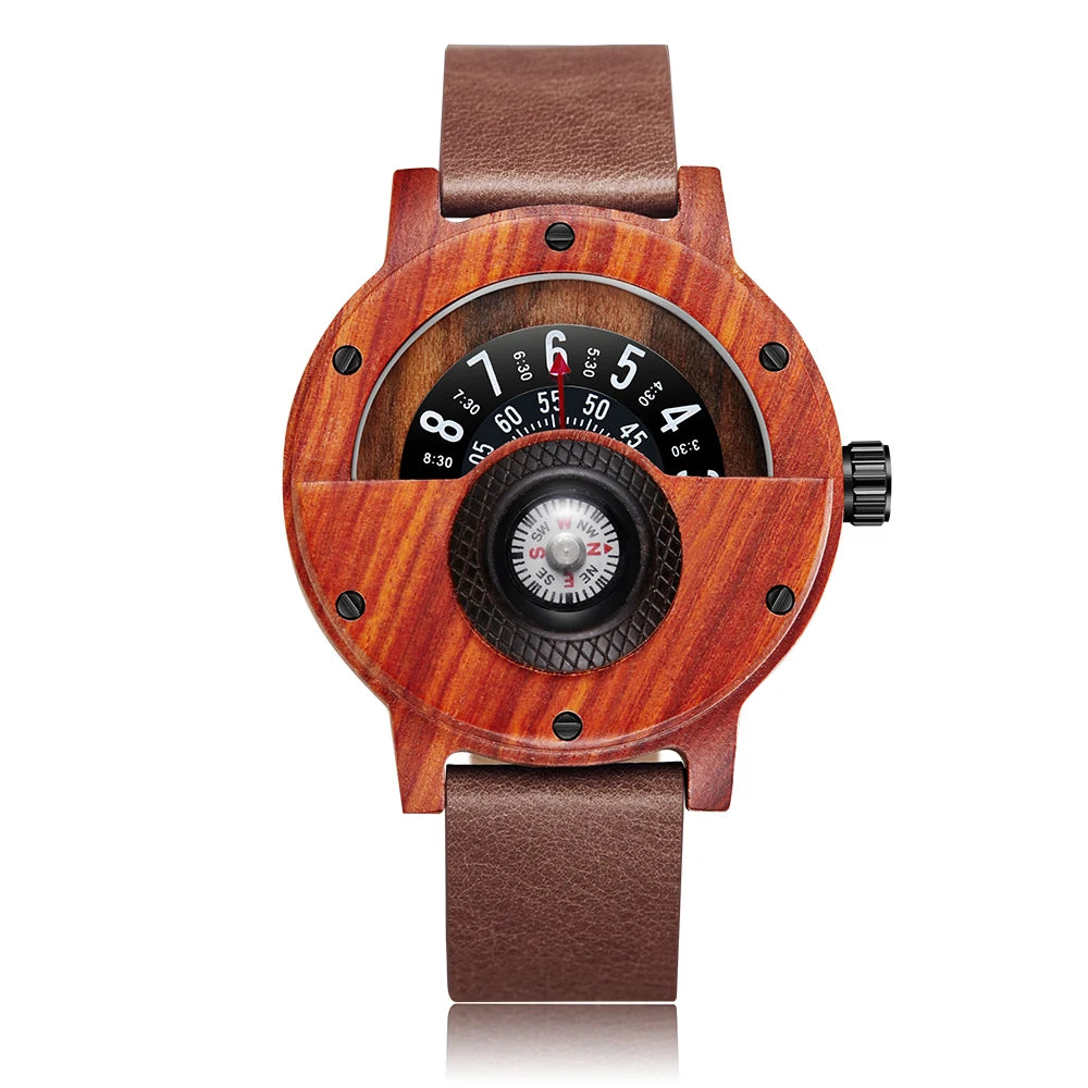 Natural wood watch men’s rotary table compass dial real walnut ebony bamboo brown concept quartz - w208-2