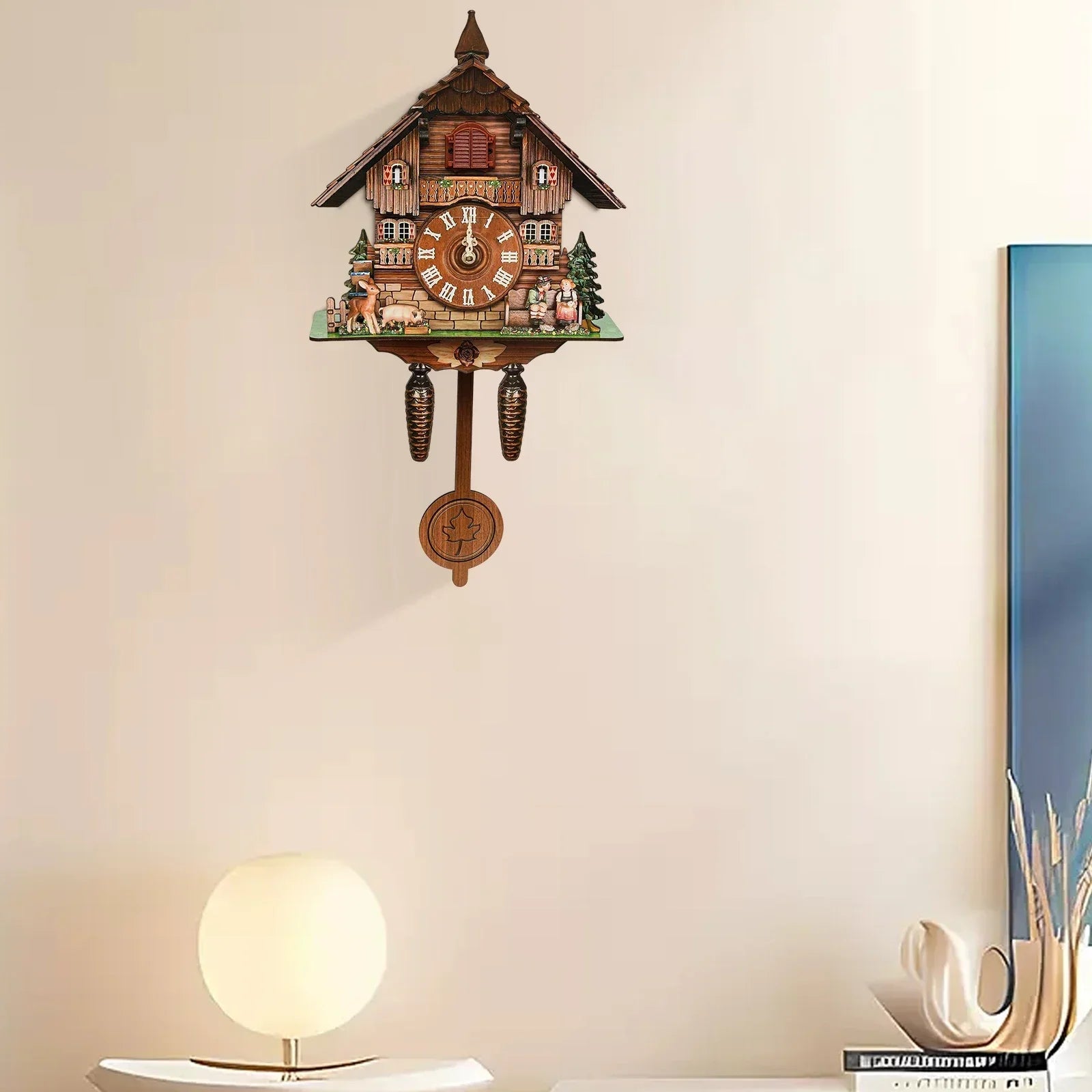 Multi-color wooden cuckoo clock modern house shape auto night silence battery operated wall for living room bedroom