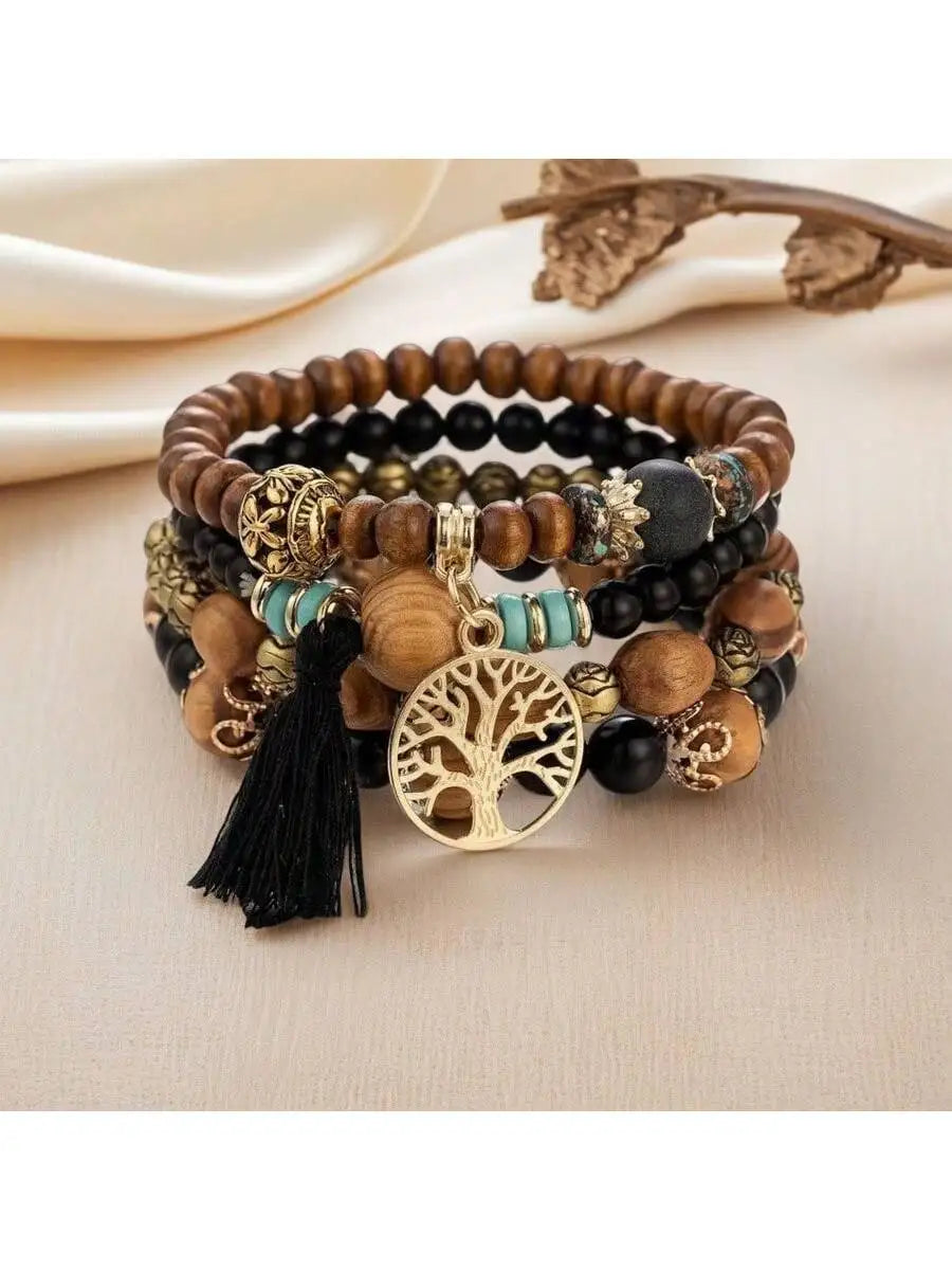 Bohemian style multi-layer wooden bead bracelet elastic hand jewelry hollow tree of life tassel pendant - united states