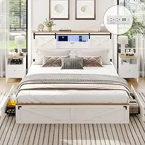 Hasuit farmhouse bed frame california king size with storage bookcase headboard wooden cal led lights charging s