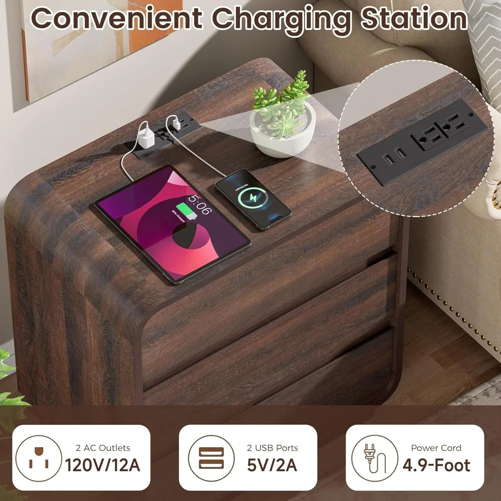 Nightstand 25 tall wooden bedside table with charging station 3 storage drawers side curved profile handleless - walnut