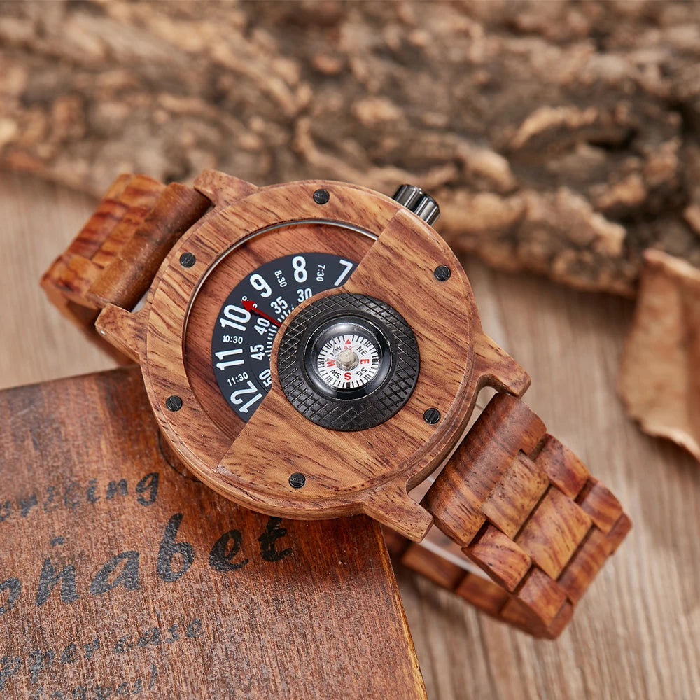 Natural wood watch men’s rotary table compass dial real walnut ebony bamboo brown concept quartz