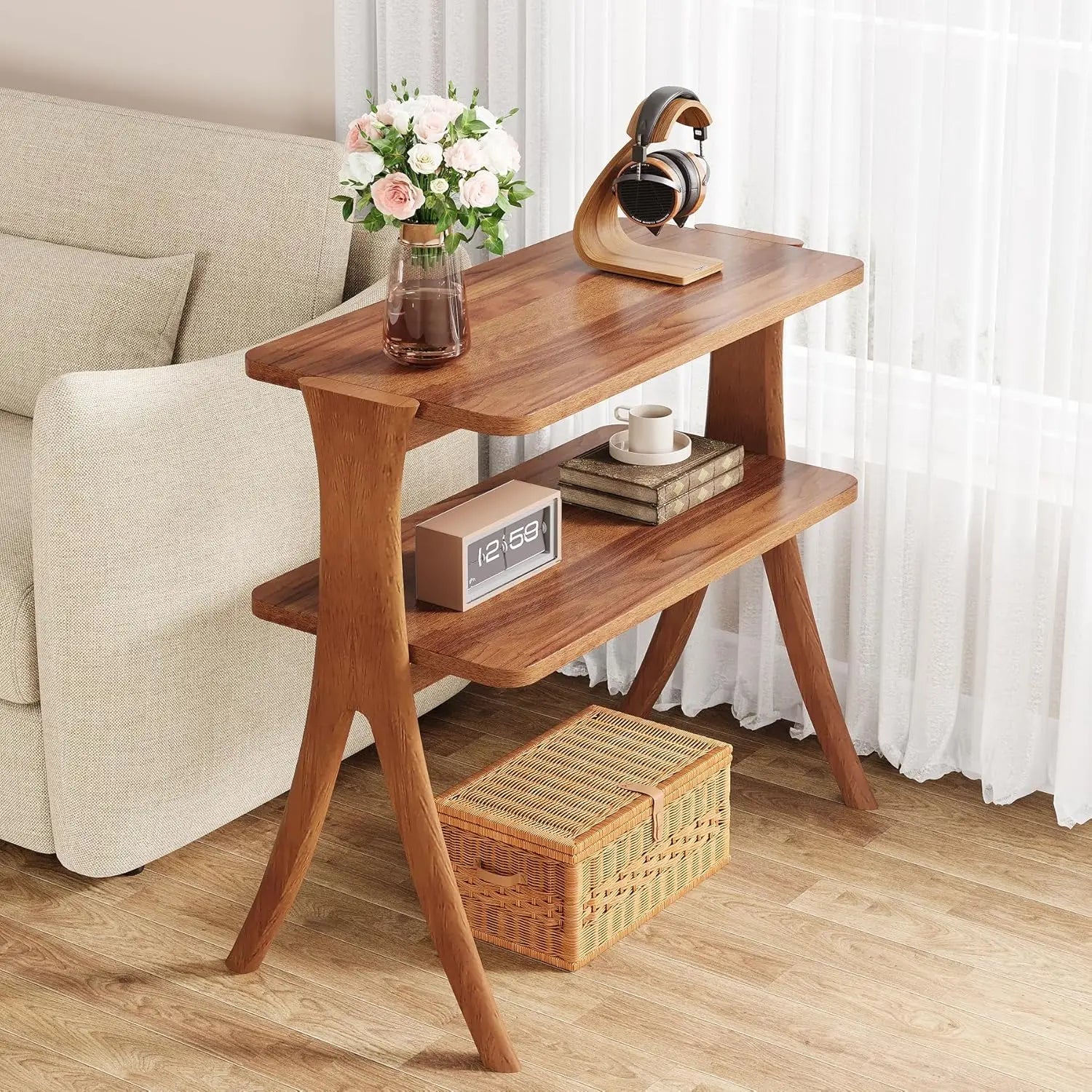Side table for living room farmhouse end with 2-tier storage shelf and solid wood legs nightstand bedroom - united