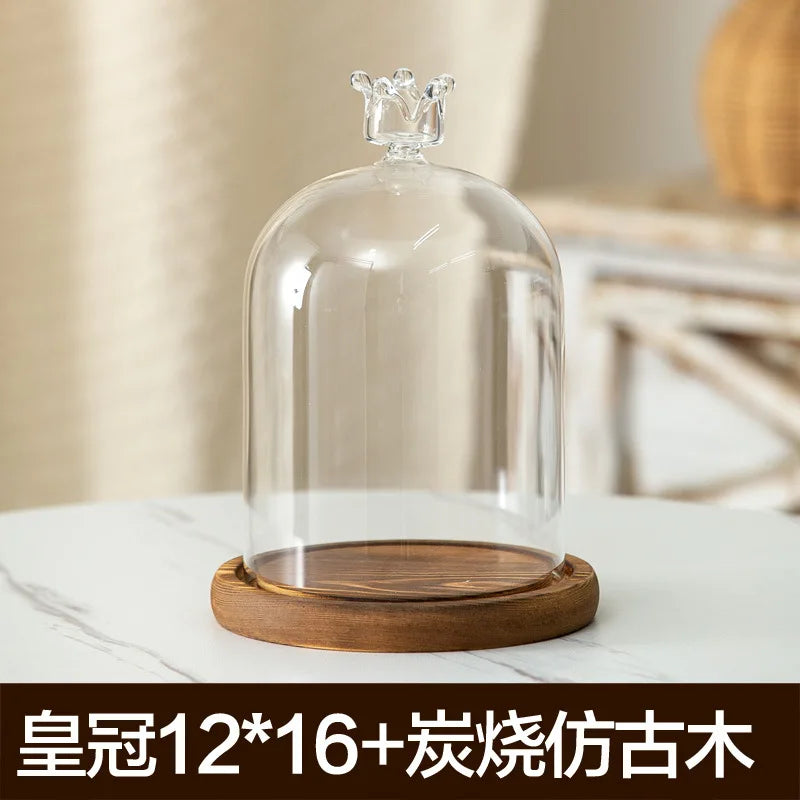 Aromatherapy candle holder ornaments dust-proof glass cover wooden base display box home decoration - crown 16cm