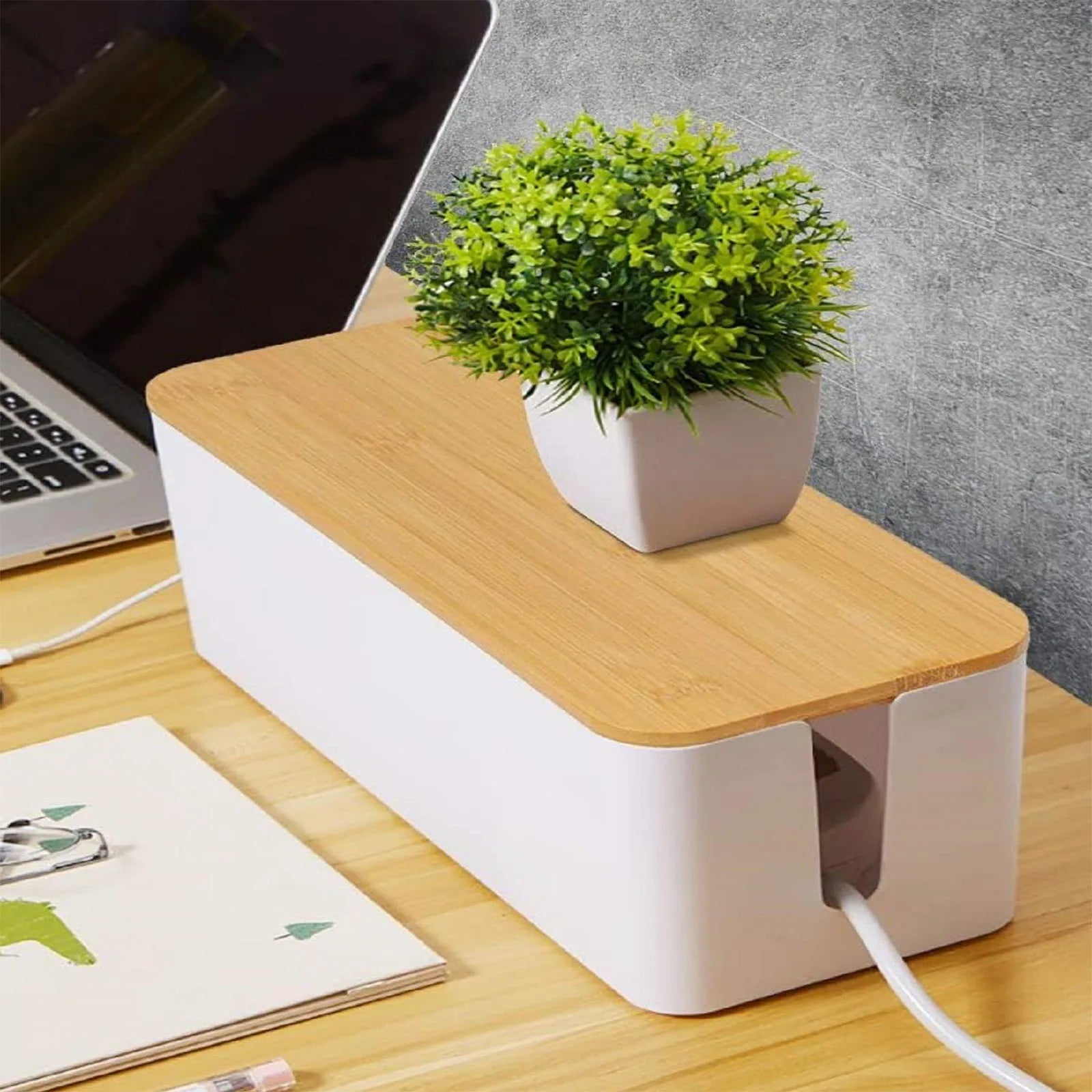 Cable management box cord hider,extension socket organizer with bamboo wood cover for router desk power strip