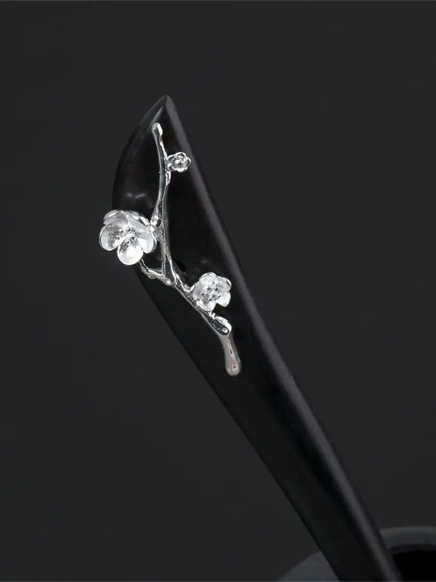 New 100% s925 pure silver women’s men retro hairpin ebony wood magnolia blossom chinese style hanfu hair accessories